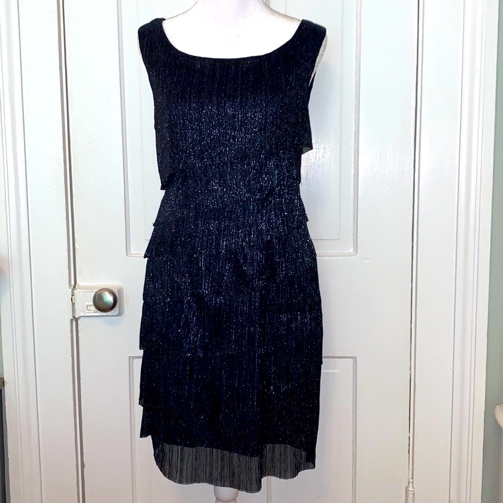 CONNECTED NAVY BLUE METALLIC TIERED SHEATH DRESS